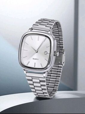 Silver Men’s Quartz Square Watch with Stainless Steel Bracelet